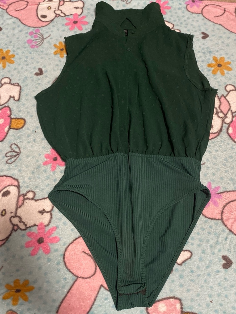 Dark Green Textured Sleeveless Bodysuit